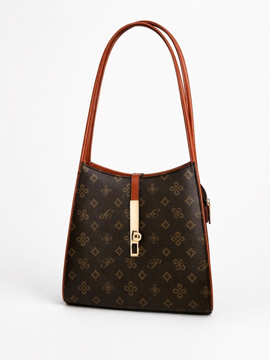 Source Unknown Handbags - Monogram Print Top Handle Satchel – Brown / Gold Hardware